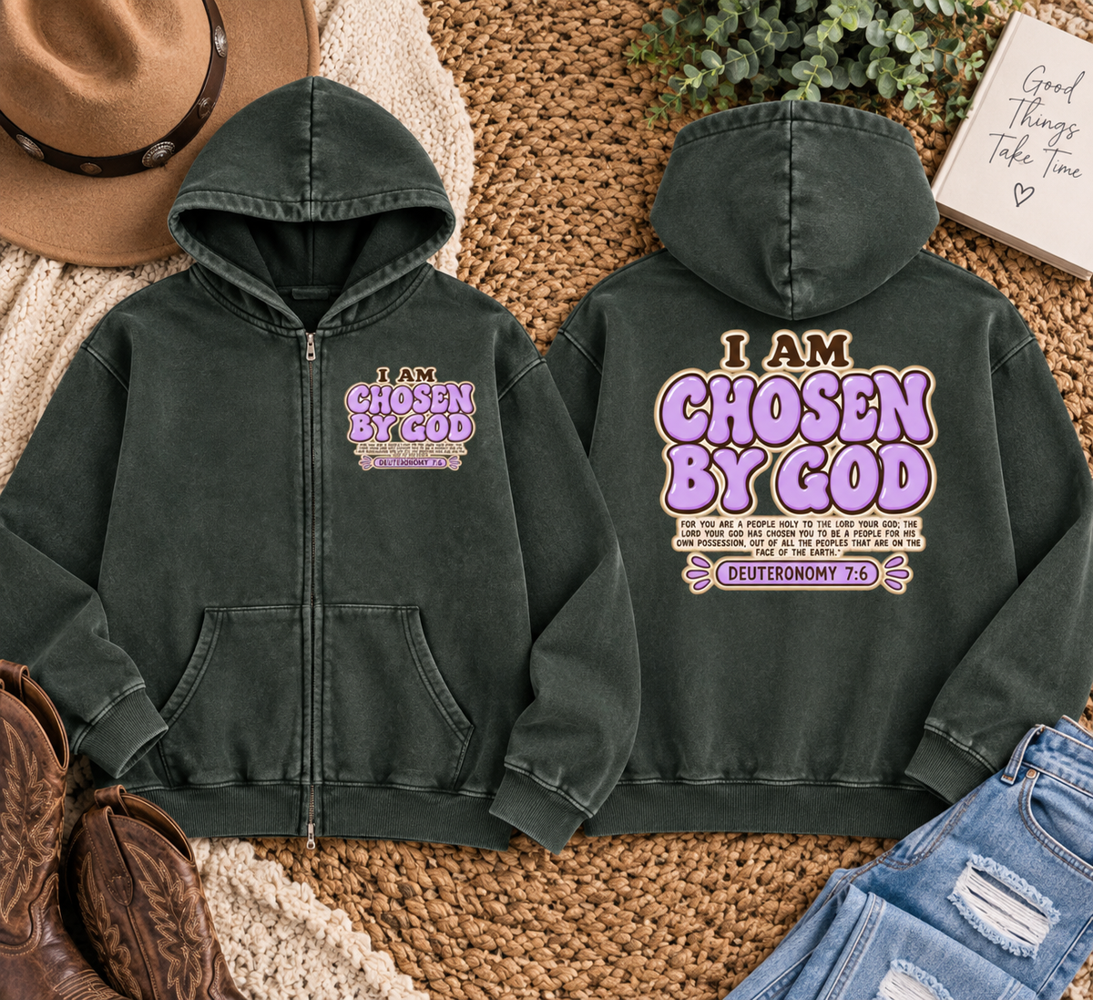 Chosen by God Snow Washed Zip-Through Fleece Hoodie
