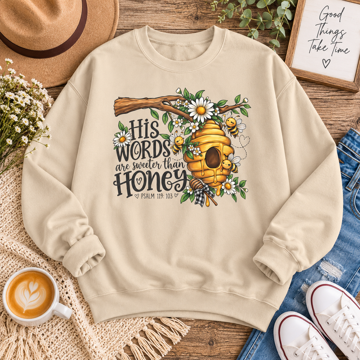 Crewneck Sweatshirt — “His Words Are Sweeter Than Honey” Bee & Beehive Design