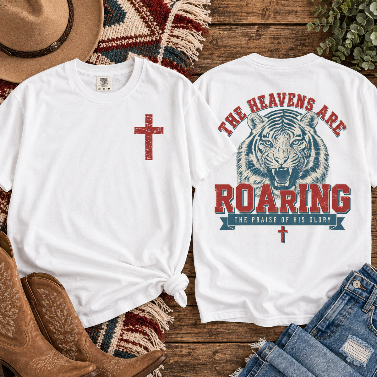 Christian Tee — 'The Heavens Are Roaring' Tiger Cross Graphic T-Shirt