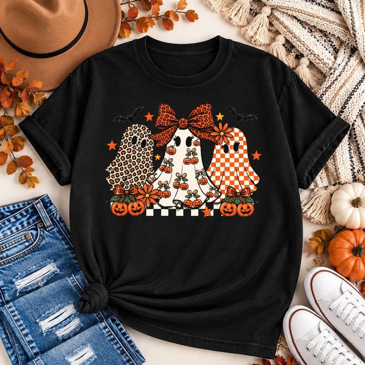 Halloween Sisters Graphic T-Shirt — Leopard + Plaid Pumpkin Girls Design