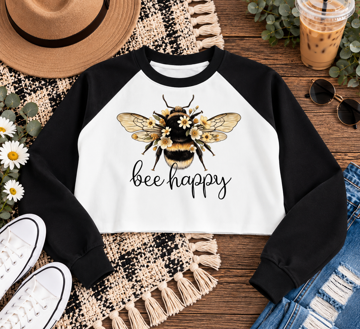 Bee Happy Raw-Hem Color-Block Raglan Crop Sweatshirt