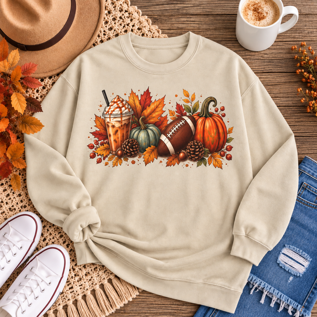 Tis The Season Fall Sweatshirt — Pumpkin, Leaves & Football Crewneck