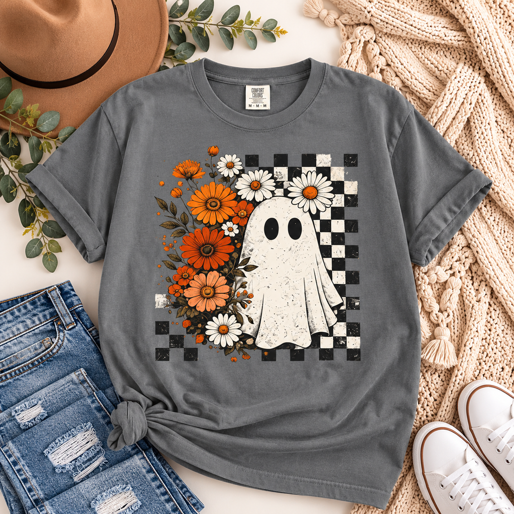 Ghost & Flowers Graphic Tee — Checkerboard Floral Halloween T-Shirt
