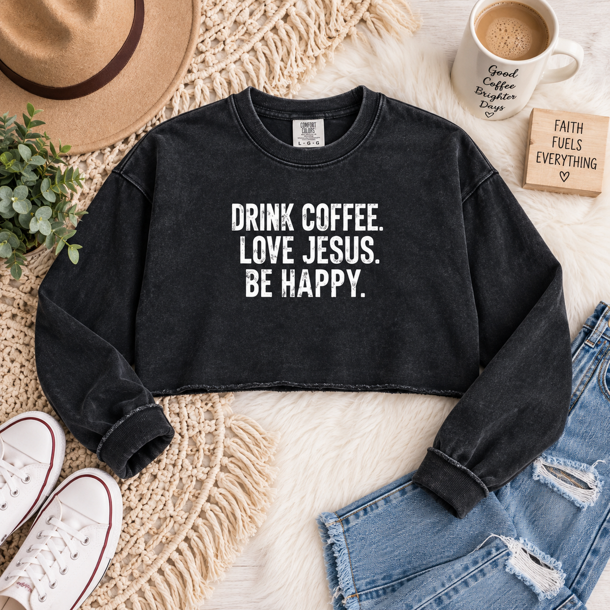 Snow Washed Raw Edge Cropped Sweatshirt